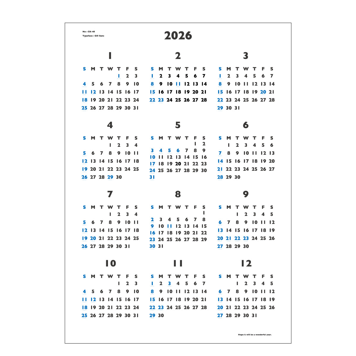 【9月13日発売予定】2026年 壁掛カレンダー 1月始まり A1 イヤープランナー CK-40
