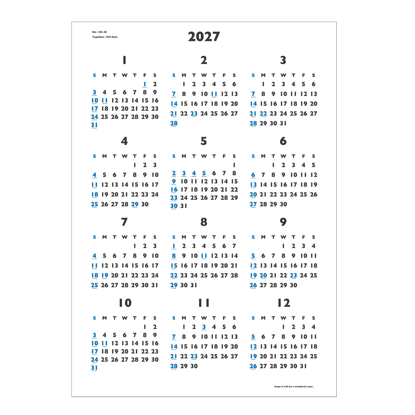 2027年 壁掛カレンダー 1月始まり A1 イヤープランナー CK-40