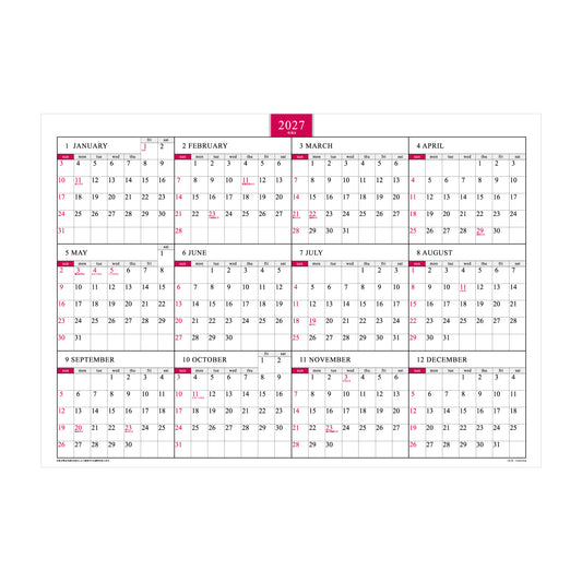 2027年 壁掛カレンダー 1月始まり A2 ブロックプランナー CK-34
