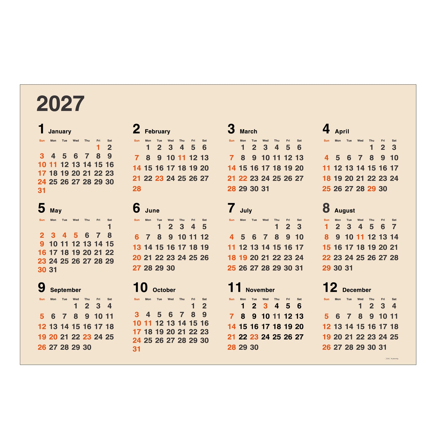 【NEW】2027年 壁掛カレンダー 1月始まり B2 クラフト イヤープランナー CK-44