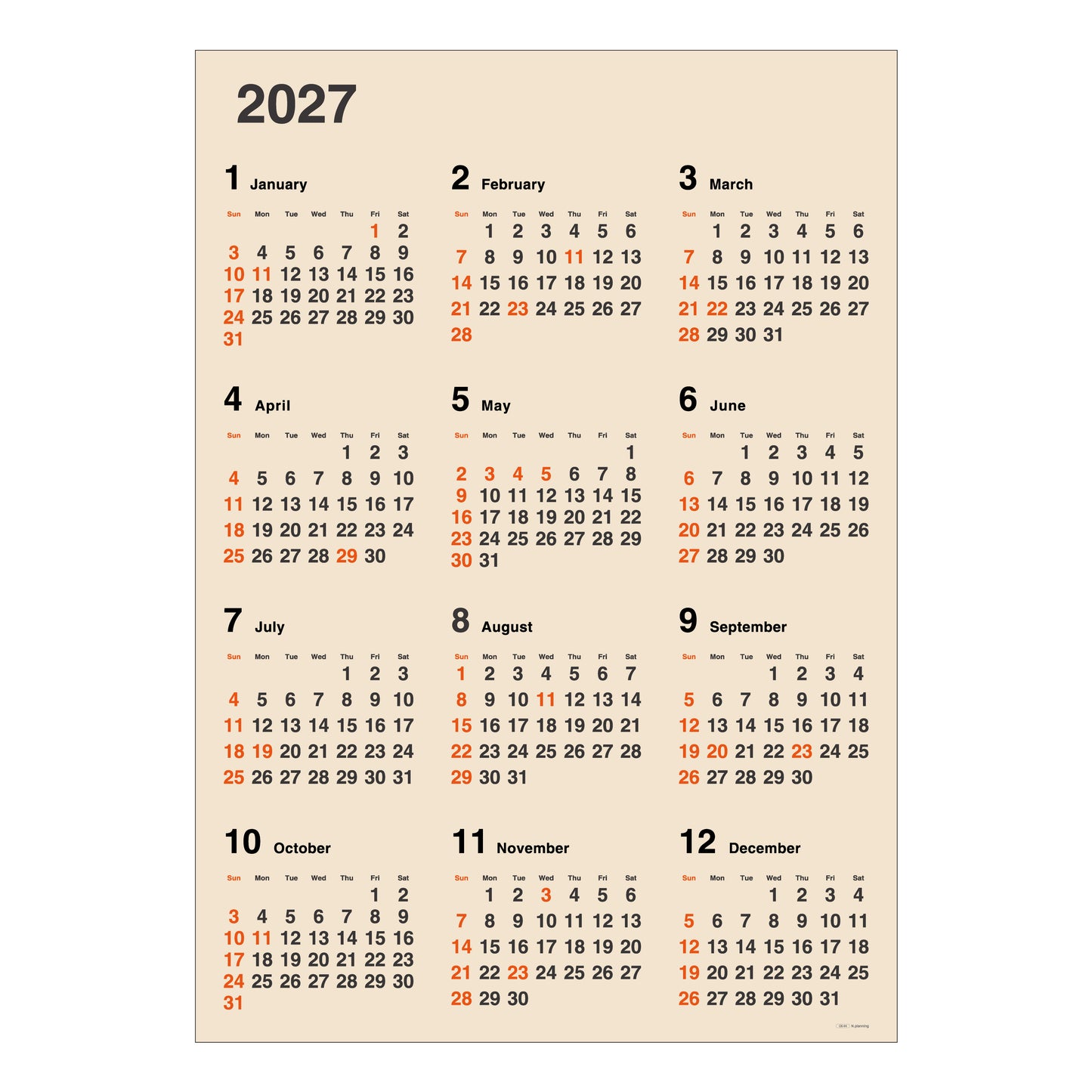 【NEW】2027年 壁掛カレンダー 1月始まり B2 クラフト イヤープランナー CK-44