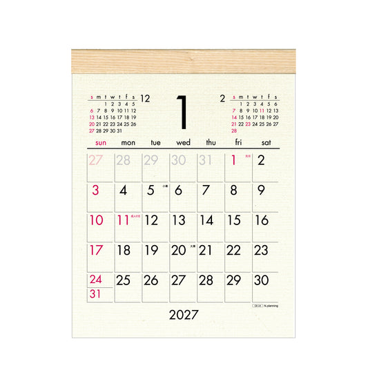 2027年 壁掛カレンダー 1月始まり ウッディコットン - S  CK-14