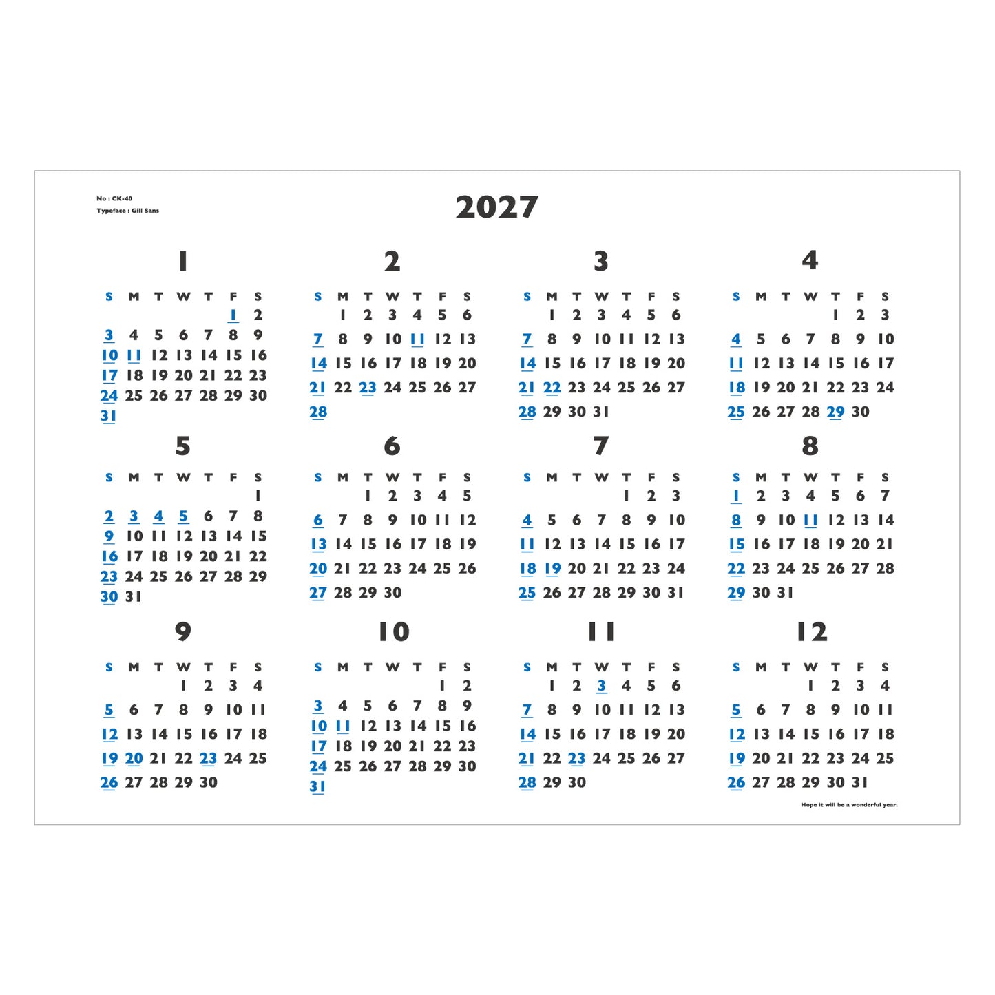 2027年 壁掛カレンダー 1月始まり A1 イヤープランナー CK-40