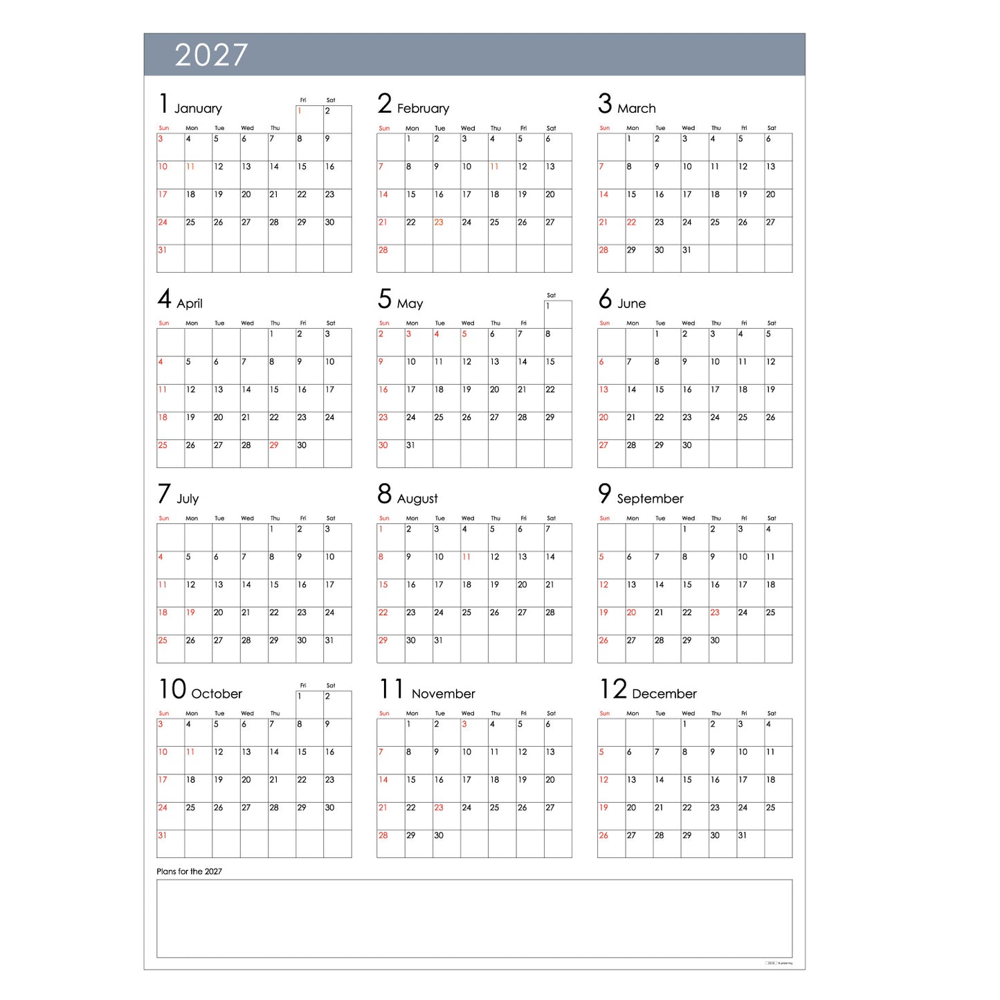 【NEW】2027年 壁掛カレンダー 1月始まり A1 ブロックカレンダー CK-45