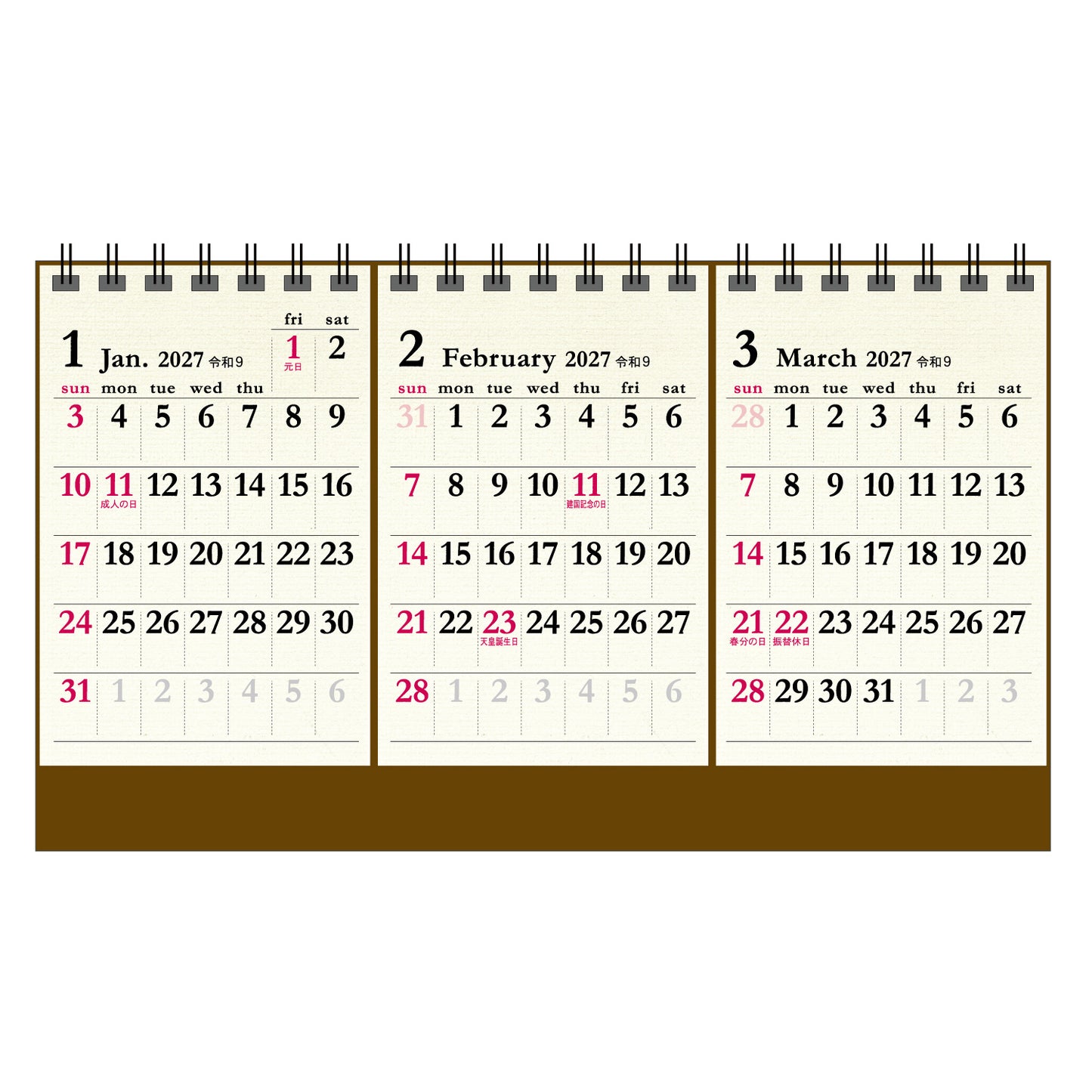 2027年 卓上カレンダー 1月始まり コットン3マンス CT-546